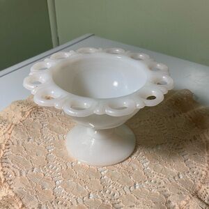 Vintage Anchor Hocking Old Colony Lace Edge Milk Glass Pedestal Compote/Candy